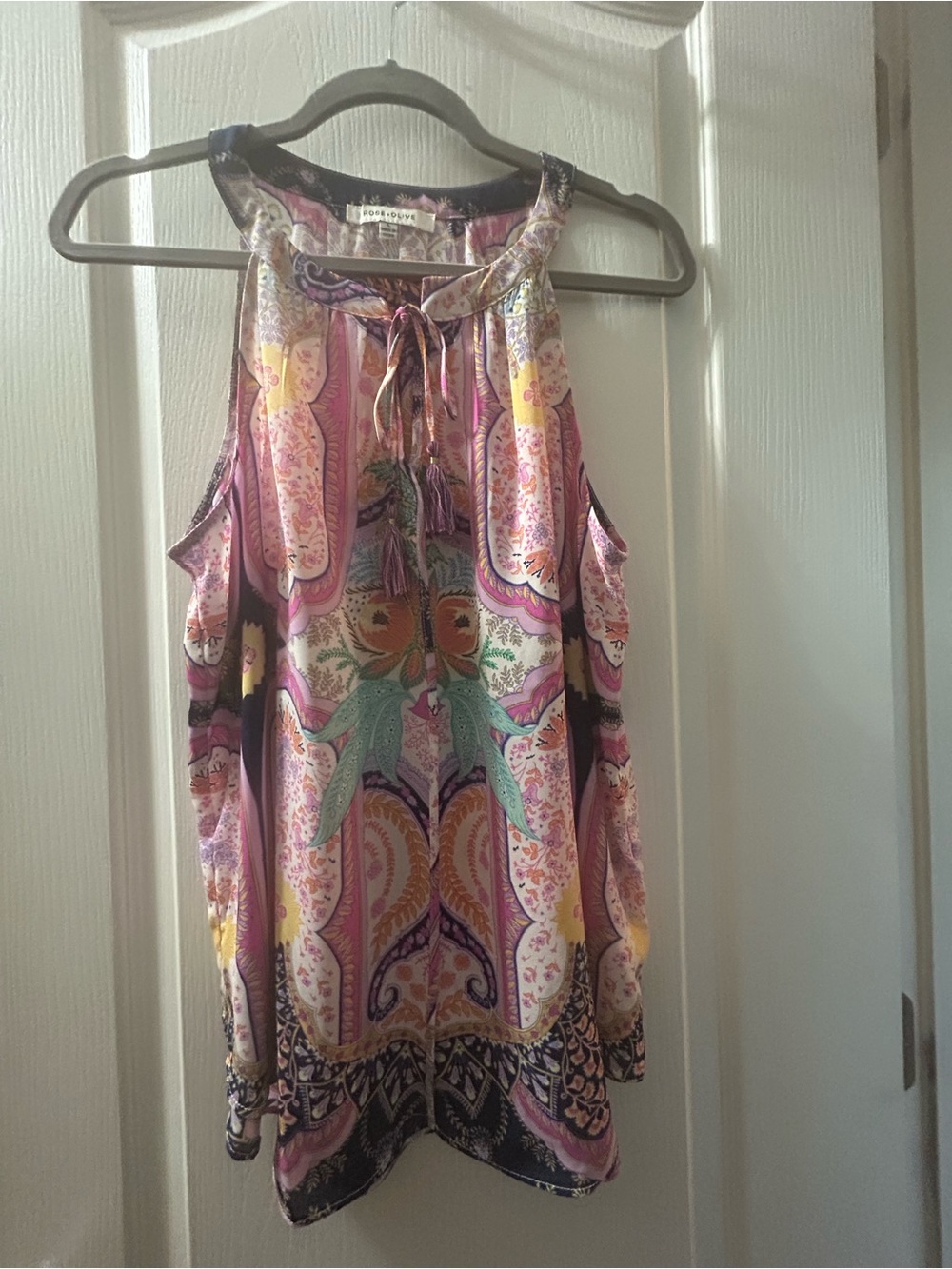 Rose & Olive Paisley Cold-Shoulder Tank in Pink and Mint